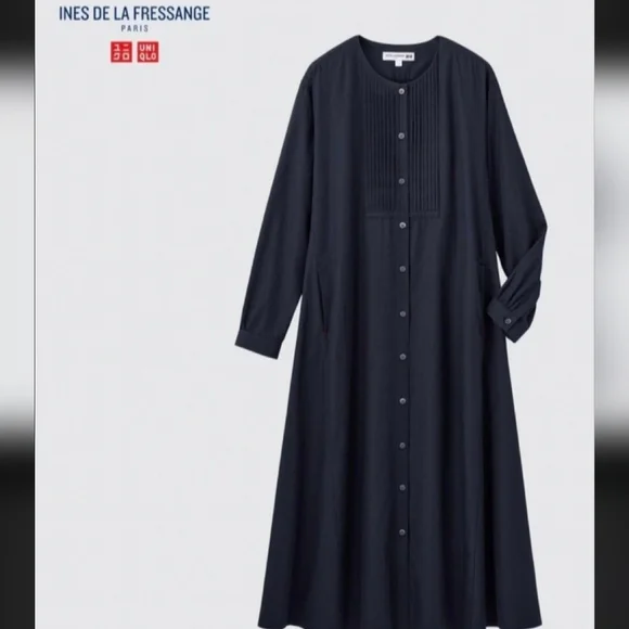 Ines De La Fressange X  Uniqlo Black twill Cotton Collarless Pintuck Dress - Picture 8 of 8
